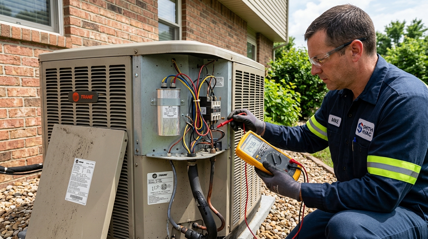 Technician testing AC condenser unit capacitor with multimeter