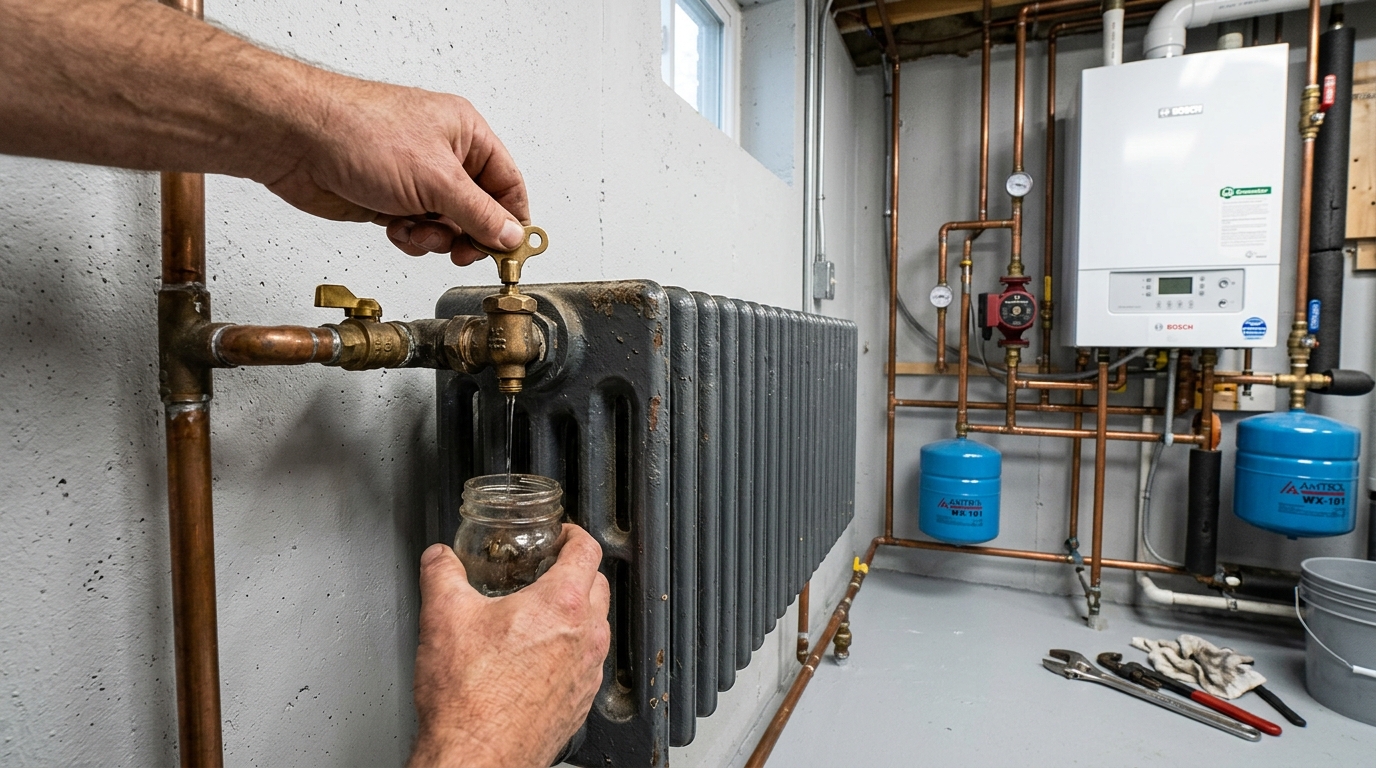 Commercial boiler hydronic heating loop with insulated copper lines and air bleed valves