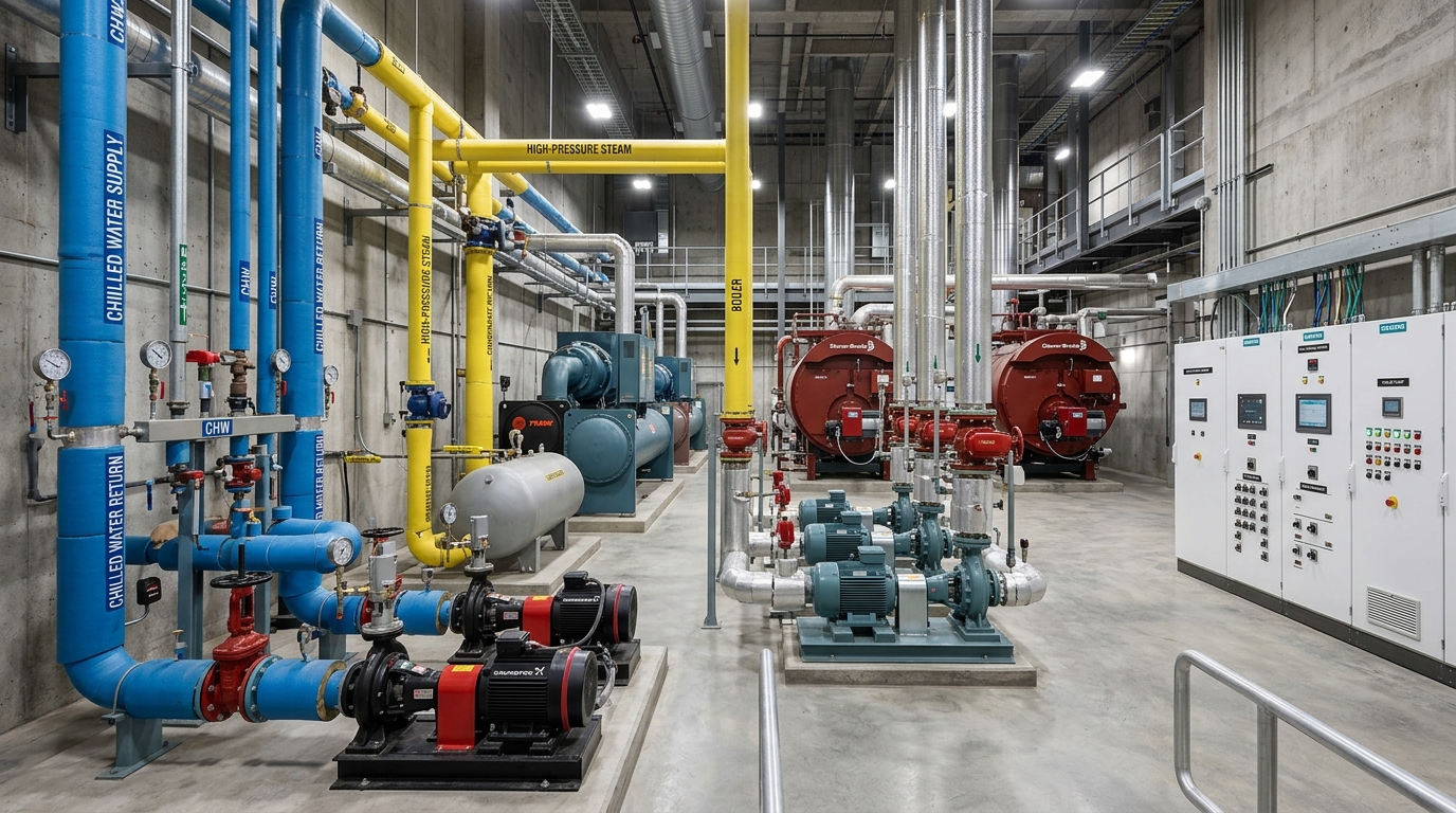 Central plant mechanical room with boilers, chillers, and pumps
