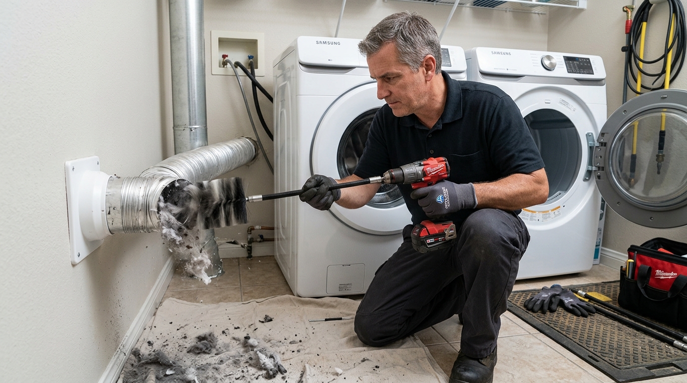 Cleaning rigid dryer vent duct with rotary brush