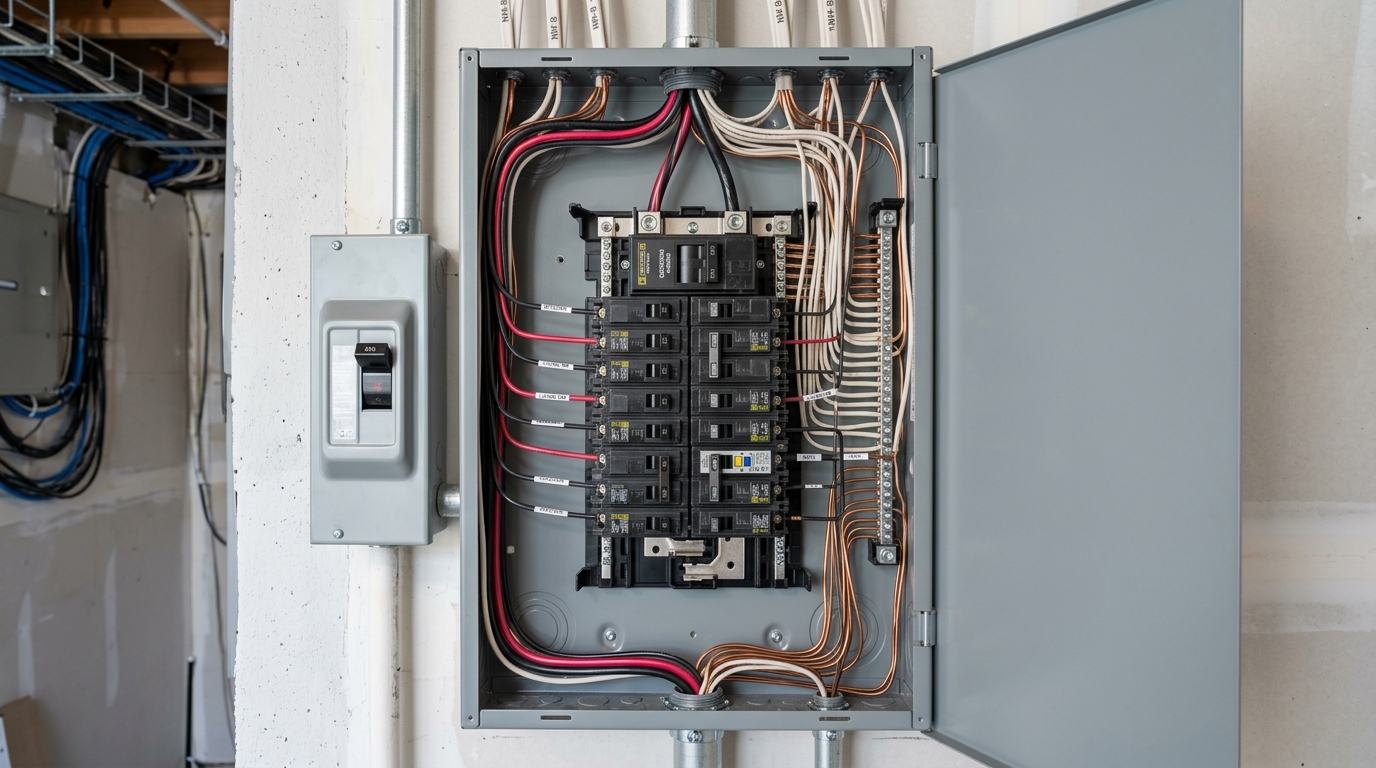Residential electrical service panel with circuit breakers and branch wiring