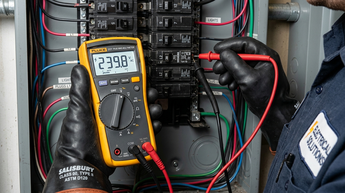 Klein vs Fluke multimeters testing electrical panel