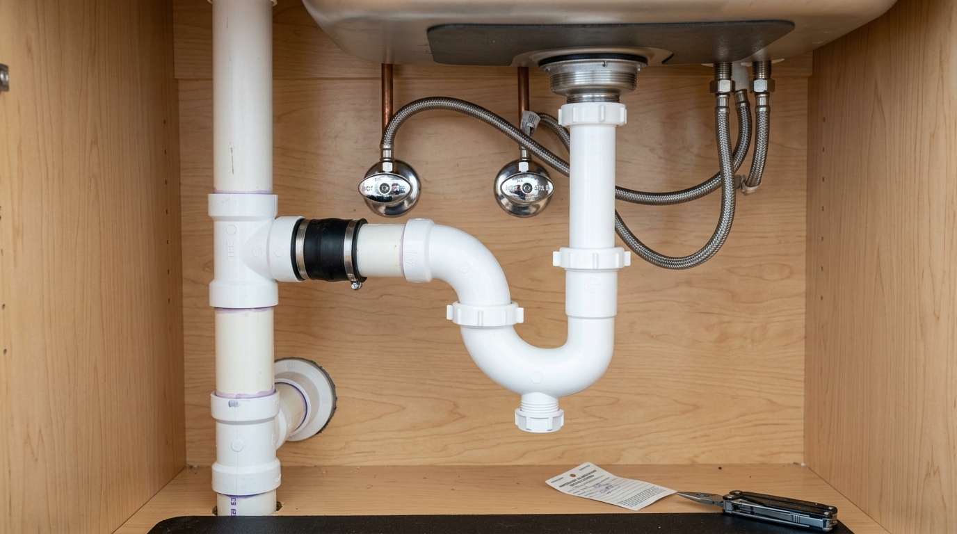 Plumbing mechanical connections and threaded pipe fittings under sink