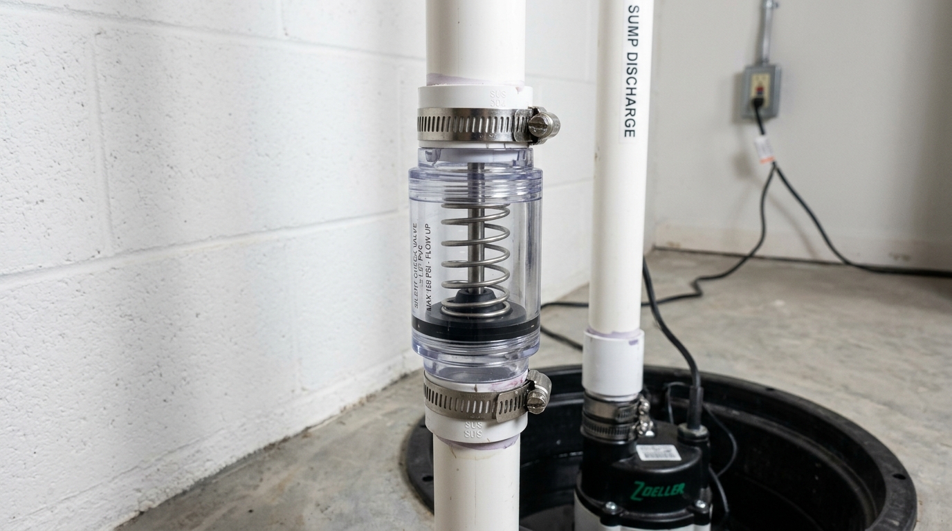 Spring-loaded silent sump pump check valve with clear body installed on vertical PVC pipe