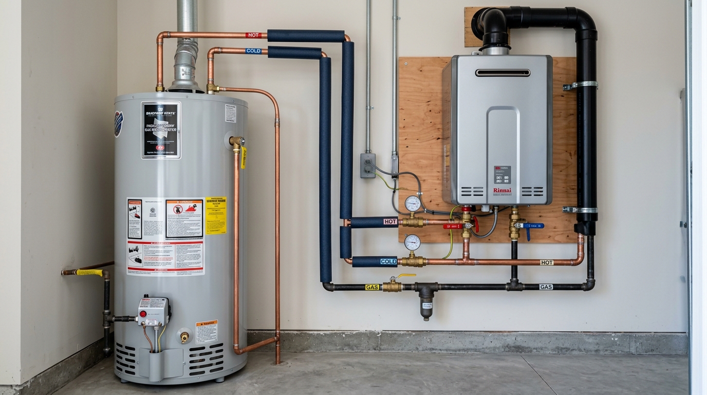 Water heater plumbing comparison showing rigid copper piping and modern shutoff valves